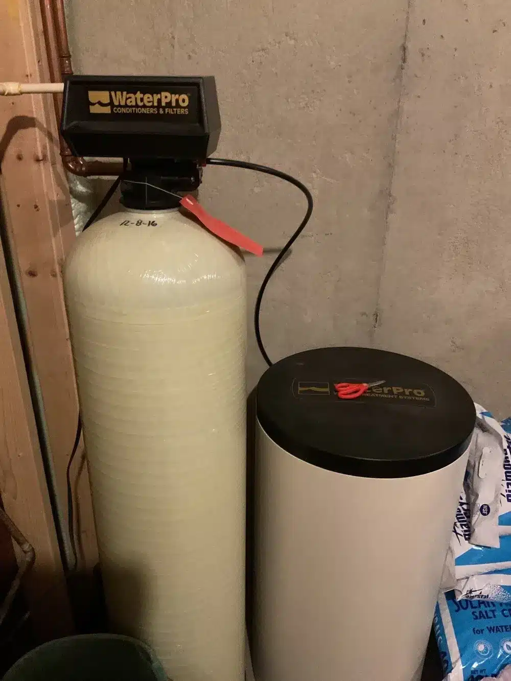 WaterPro water conditioner and brine tank in a Pittsburgh, PA basement