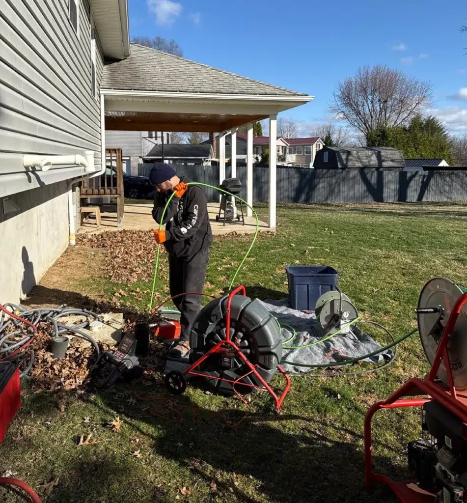 Technician hydrojetting in residential yard