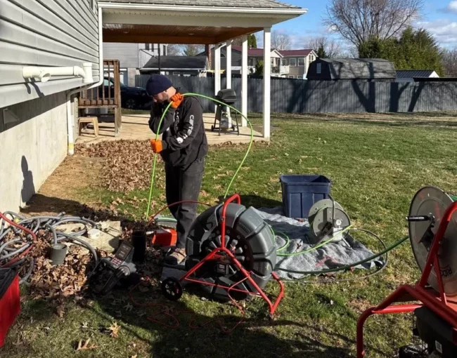 Technician hydrojetting in residential yard 