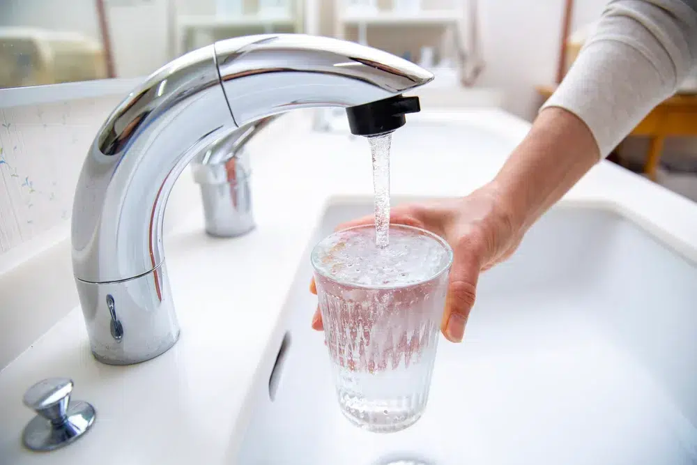Water pouring into cup from kitchen sink.